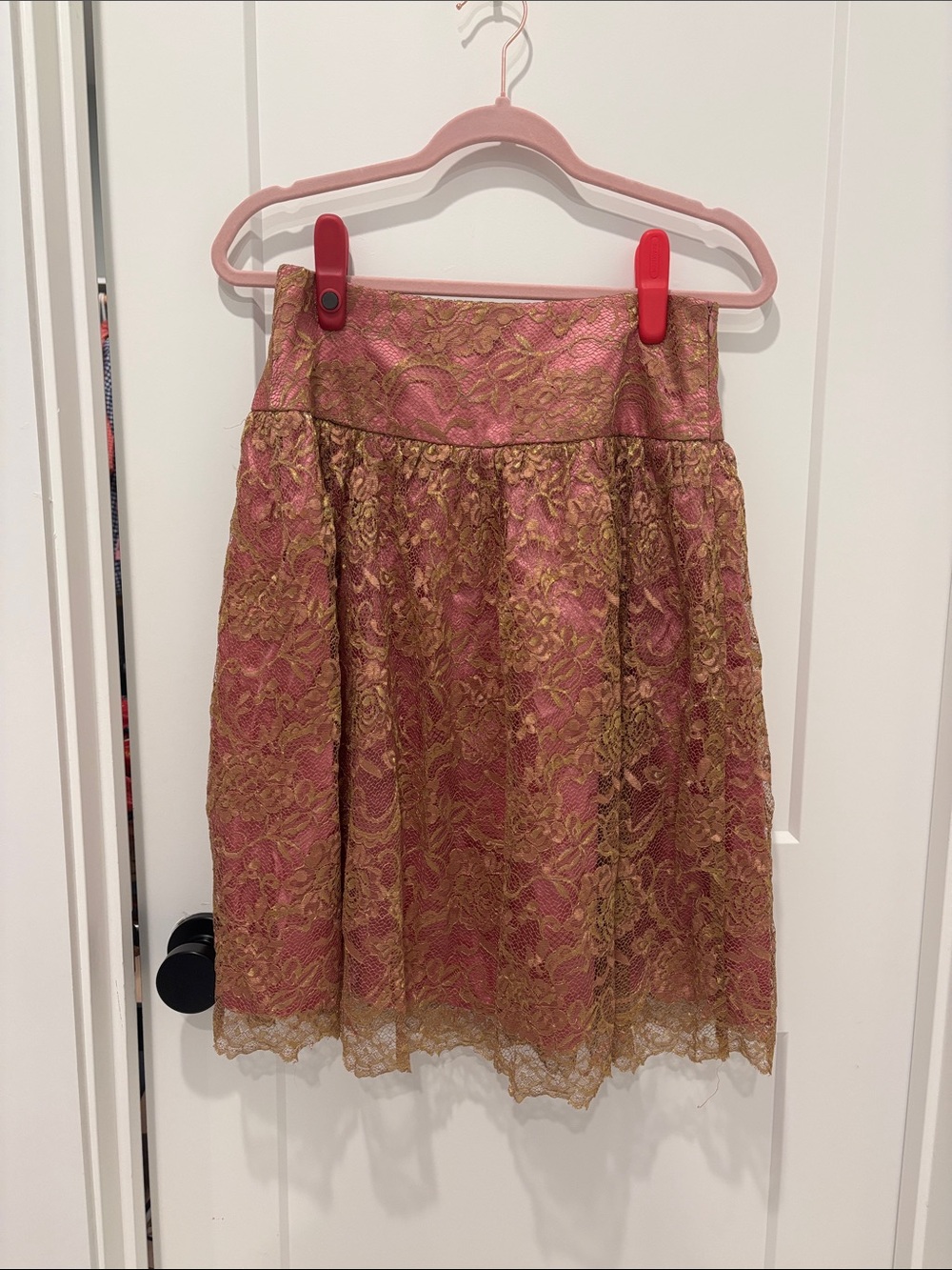 Vintage Trina Turk Pink and Gold Lace A-Line Skirt